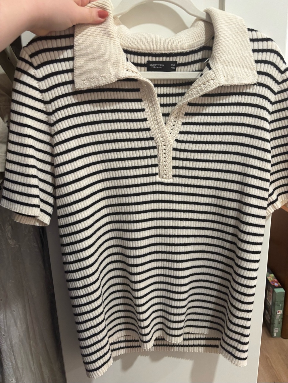 Cream and Black Striped Polo Sweater